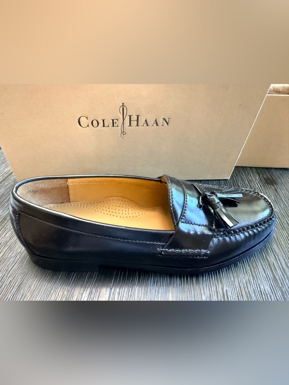 Cole Haan Black Leather Tassel Penny Loafers